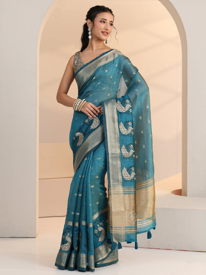 Libas Aqua Blue Peacock Motif Chanderi Silk Saree
