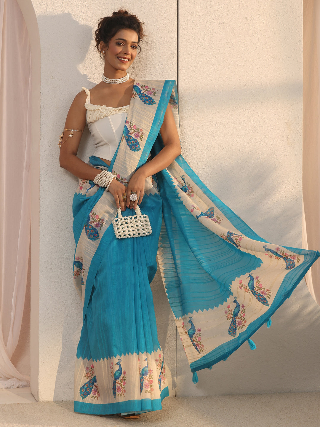 Libas Aqua Blue Peacock Printed Border Silk Blend Saree