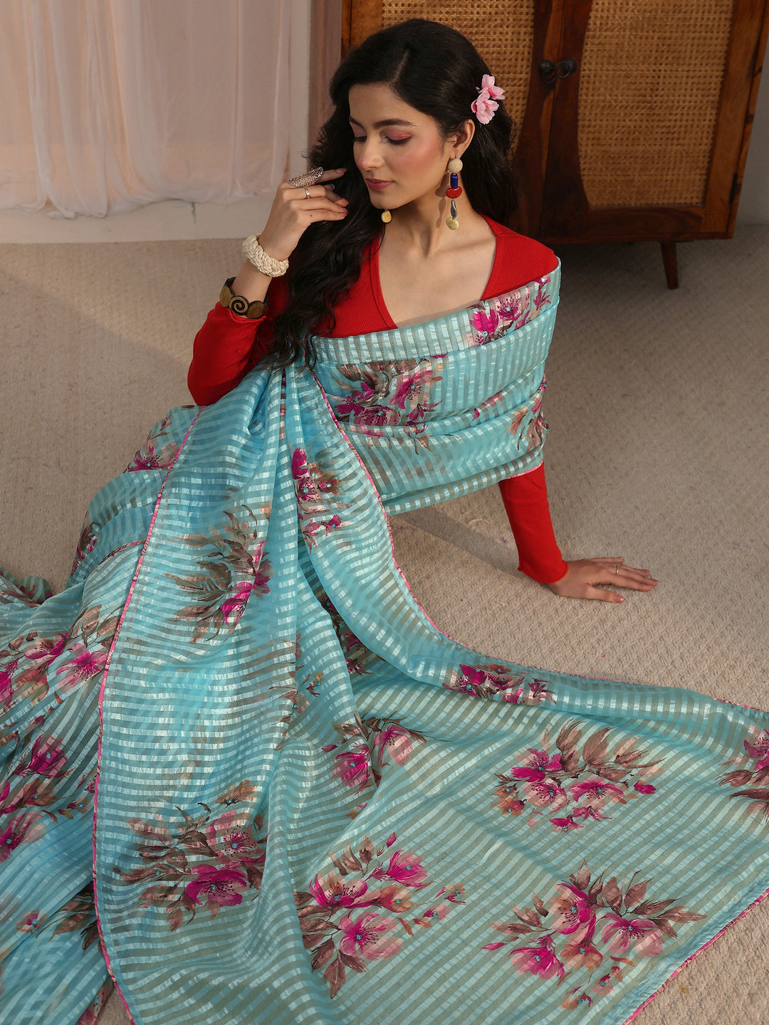 Libas Aqua Blue Striped Floral Printed Organza Saree