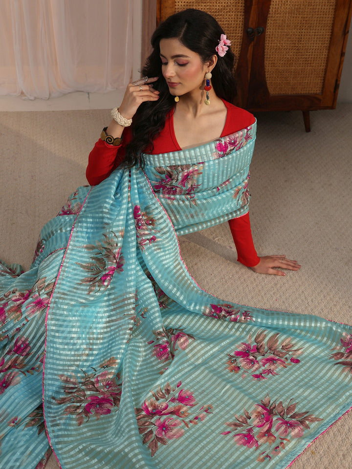 Libas Aqua Blue Striped Floral Printed Organza Saree