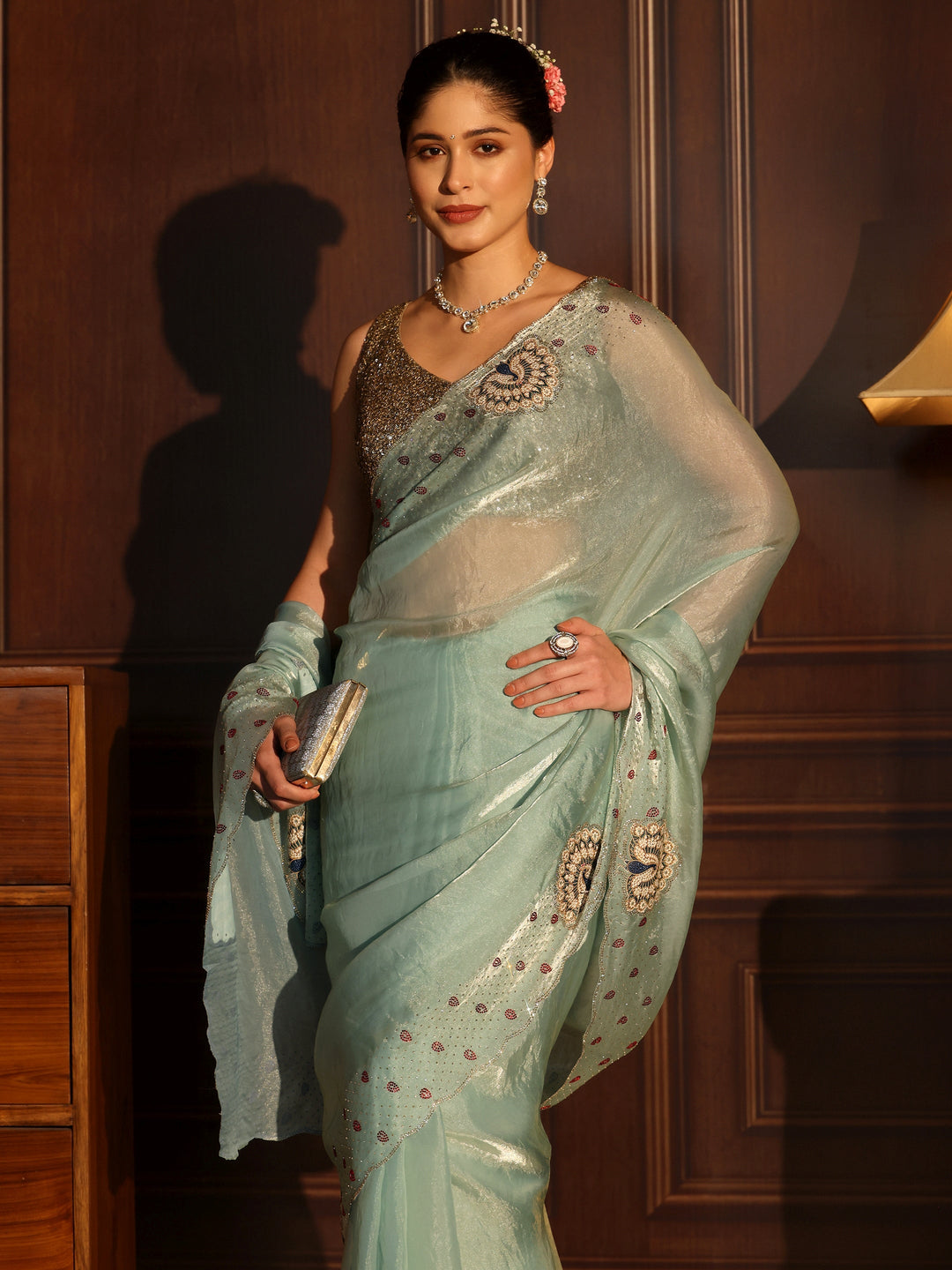 Libas Aqua Blue Tissue Saree with Peacock Border