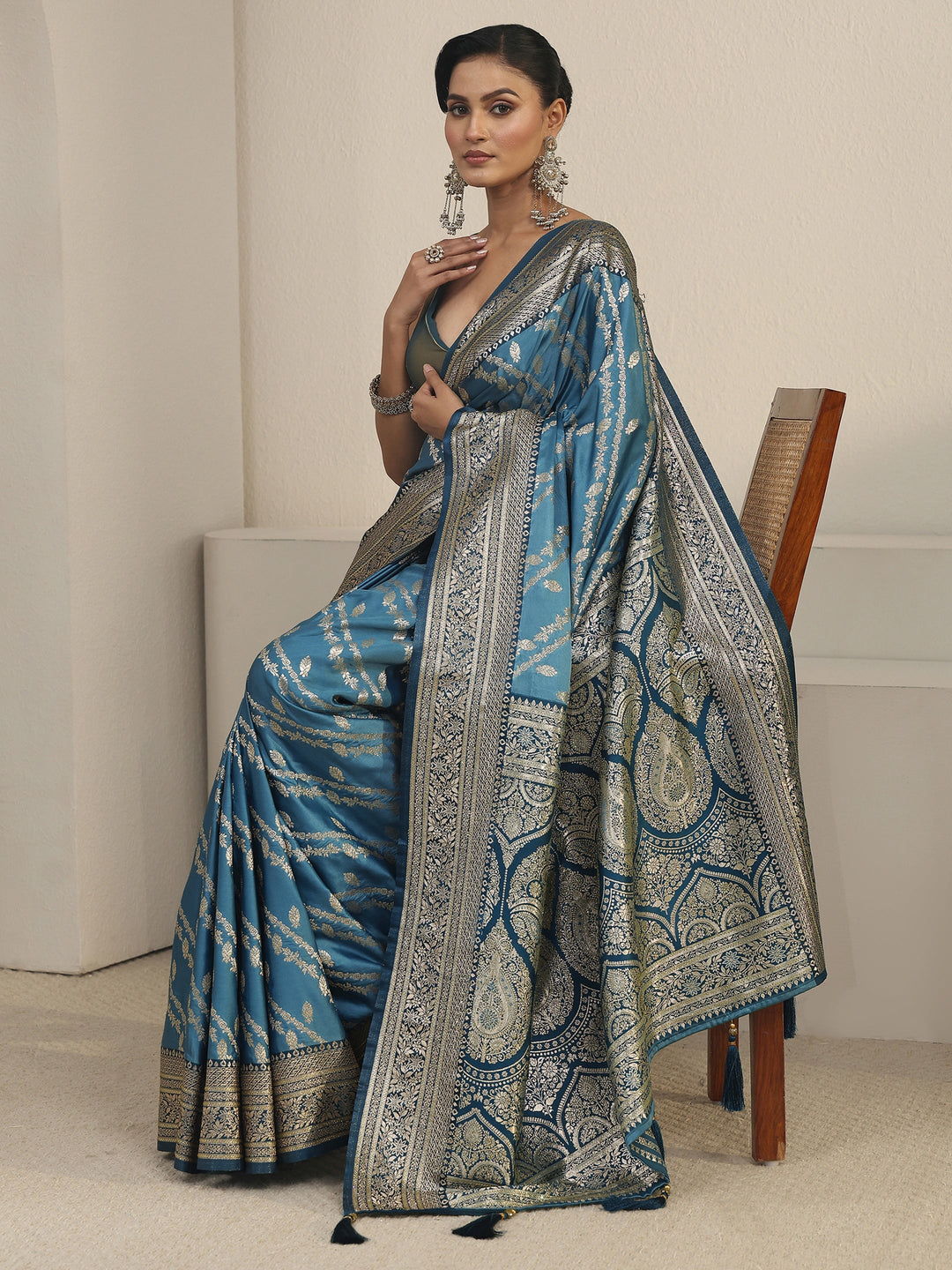 Libas Aqua Blue Woven Design Satin Saree