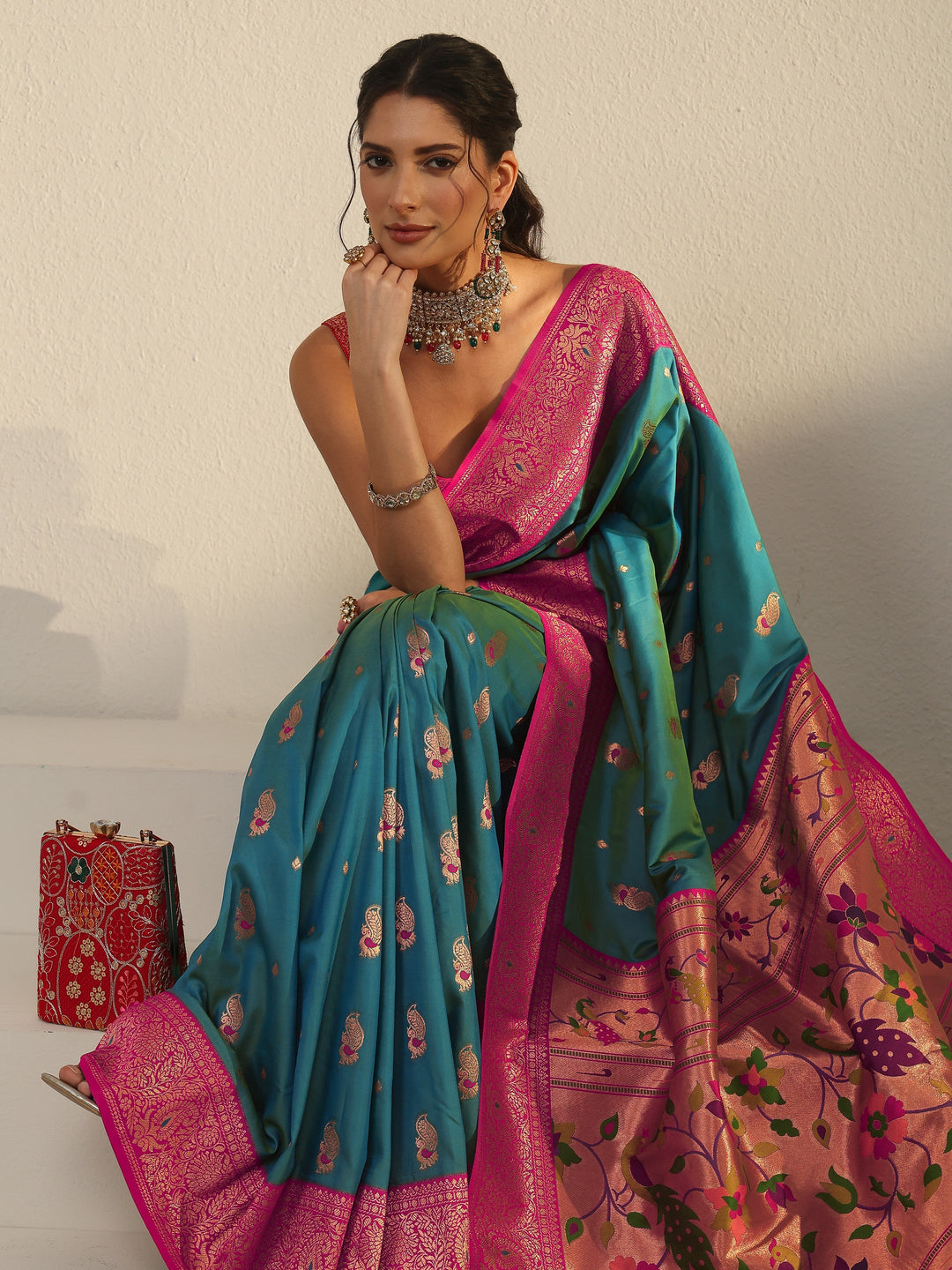 Libas Aqua Blue and Pink Silk Blend Paithani Saree