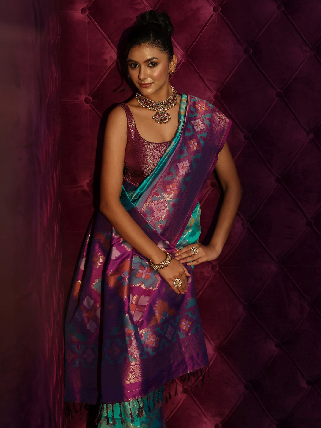 Libas Aqua Blue and Purple Silk Blend Patola Saree