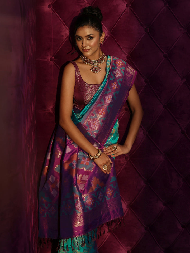 Libas Aqua Blue and Purple Silk Blend Patola Saree