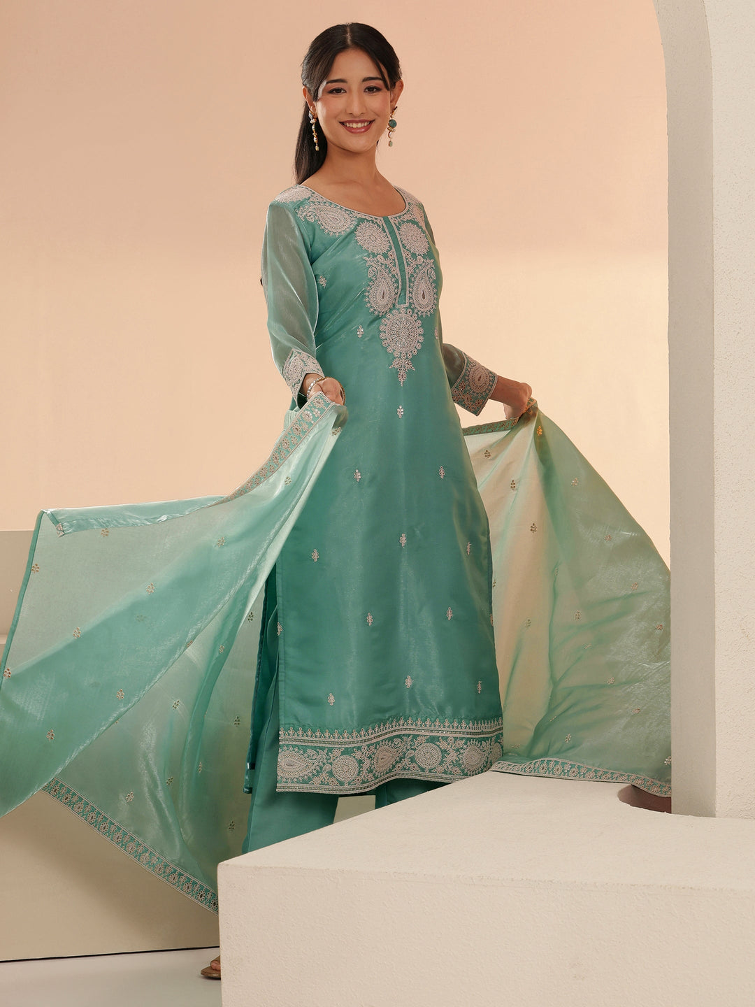 Libas Arctic Blue Embroidered Tissue Straight Suit Set