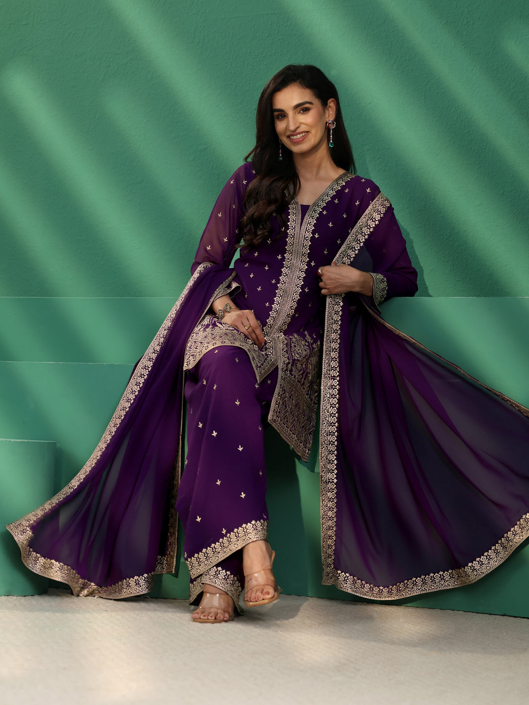 Libas Art Aubergine Purple Embellished Georgette Palazzo Suit Set