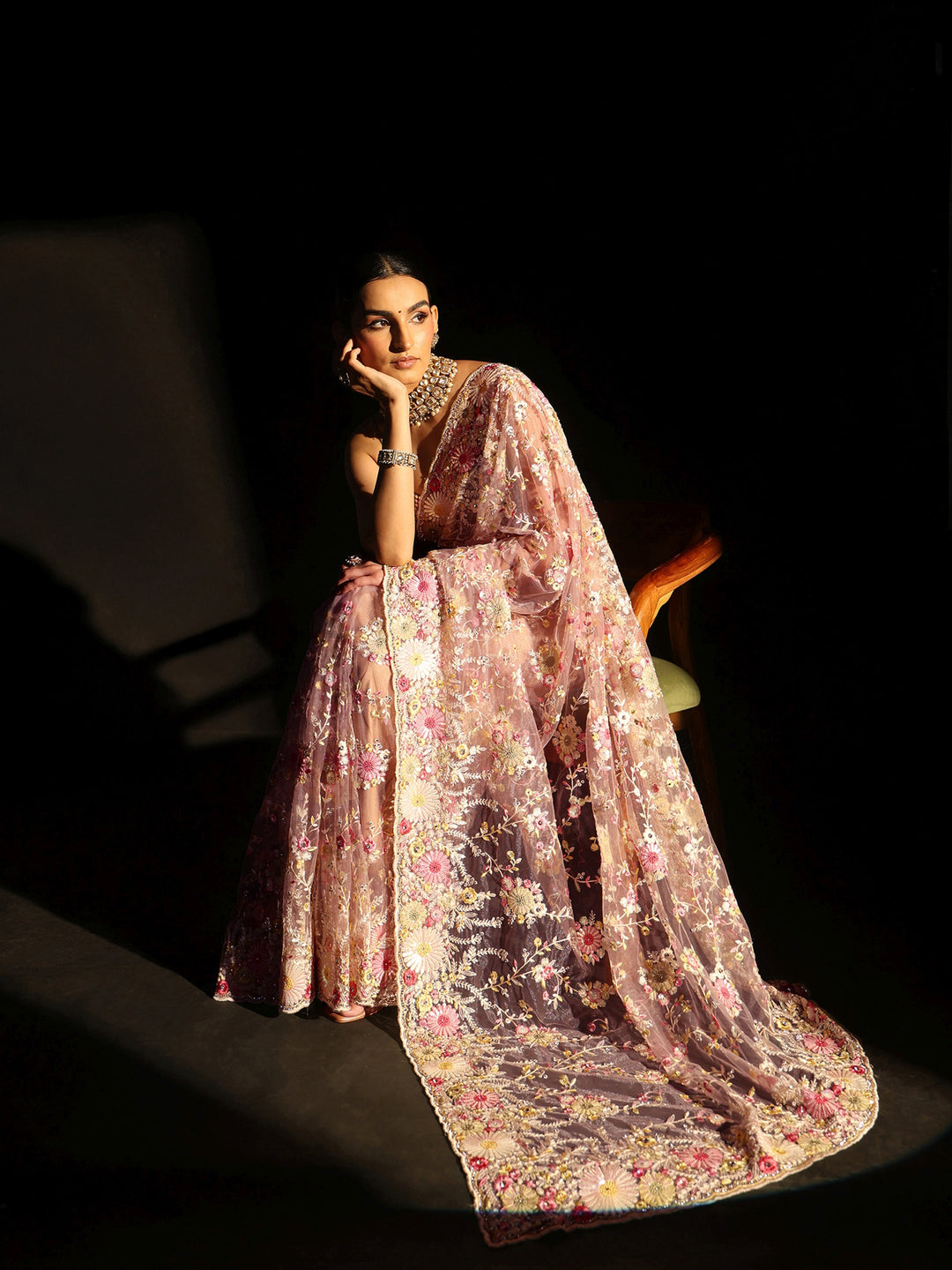Libas Art Baby Pink Floral Embroidered Net Saree