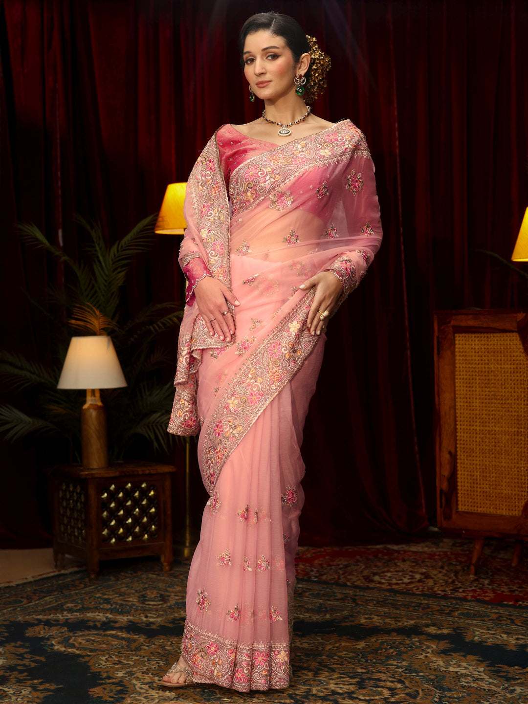 Libas Art Baby Pink Floral Embroidered Tissue Saree