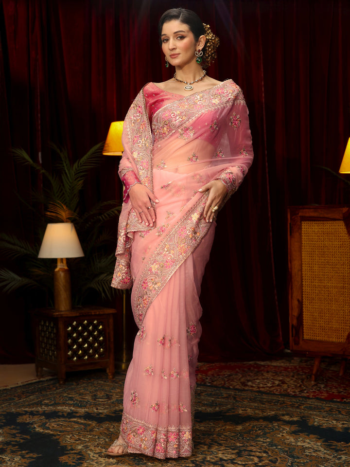 Libas Art Baby Pink Floral Embroidered Tissue Saree