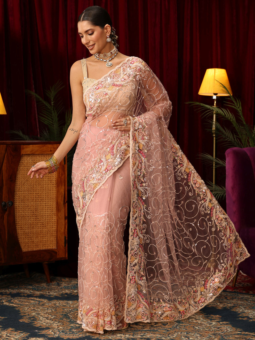 Libas Art Baby Pink Net Saree with Bead and Sequin Embellishment