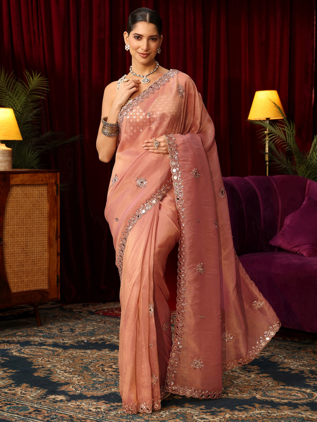 Libas Art Baby Pink Tisssue Saree with Mirror Work Floral Embellishments