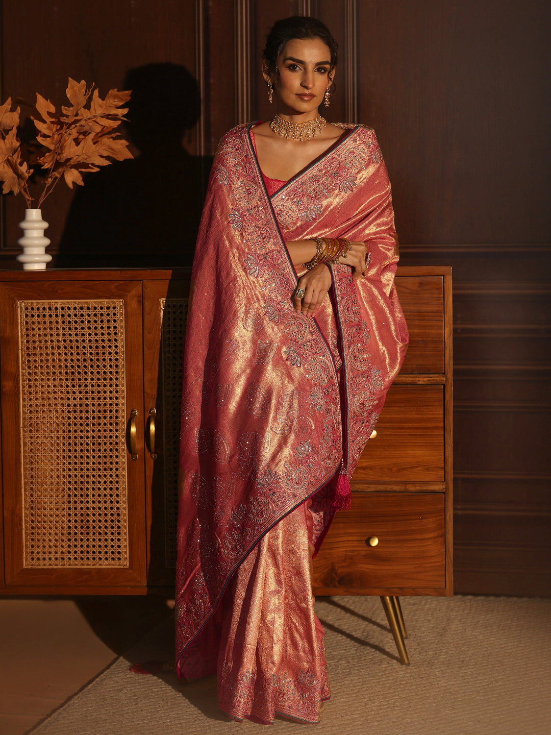 Libas Art Baby Pink Woven Design Silk Blend Saree with Embellished Border