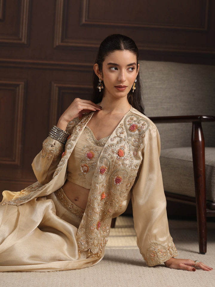 Libas Art Beige Embellished Jacket and Palazzo Tissue Co-Ord Set