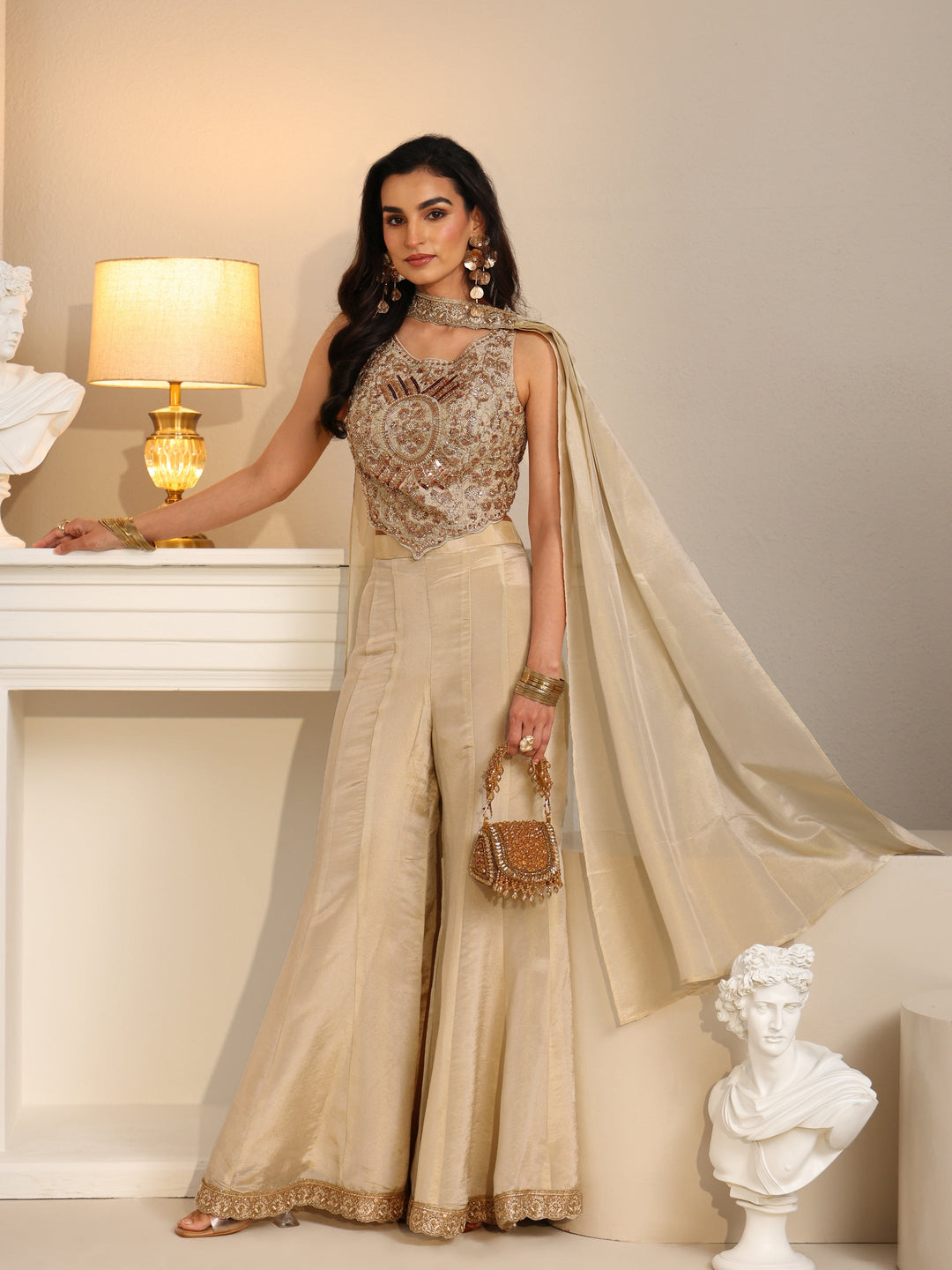 Libas Art Beige Embellished Tissue Crop Top and Palazzo Suit Set