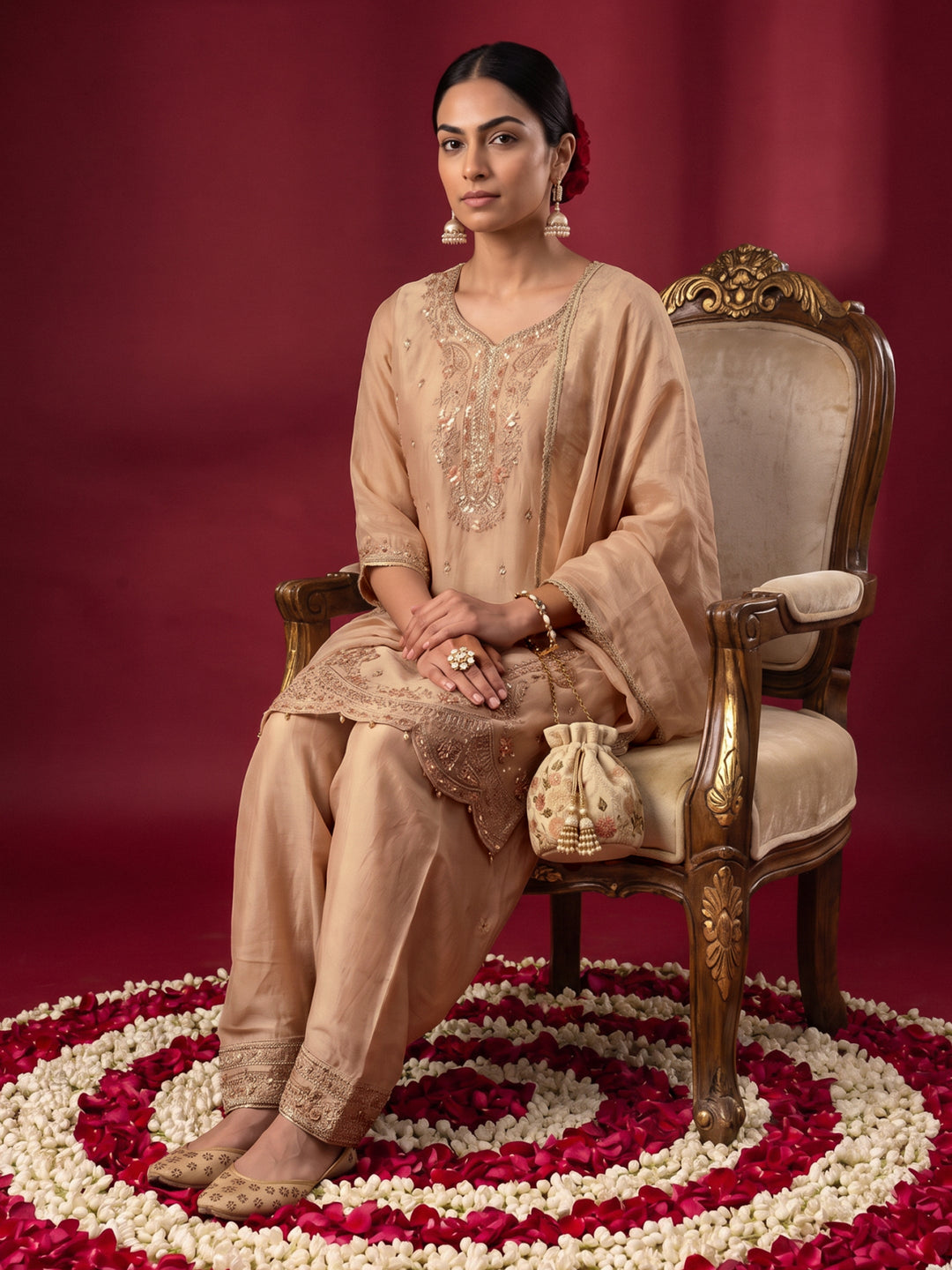 Libas Art Beige Embellished Tissue Farshi Salwar Suit Set