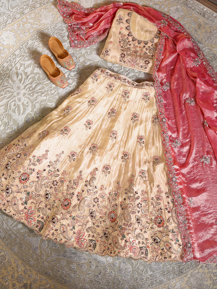 Libas Art Beige Floral Embellished Silk Blend Unstitched Lehenga Set