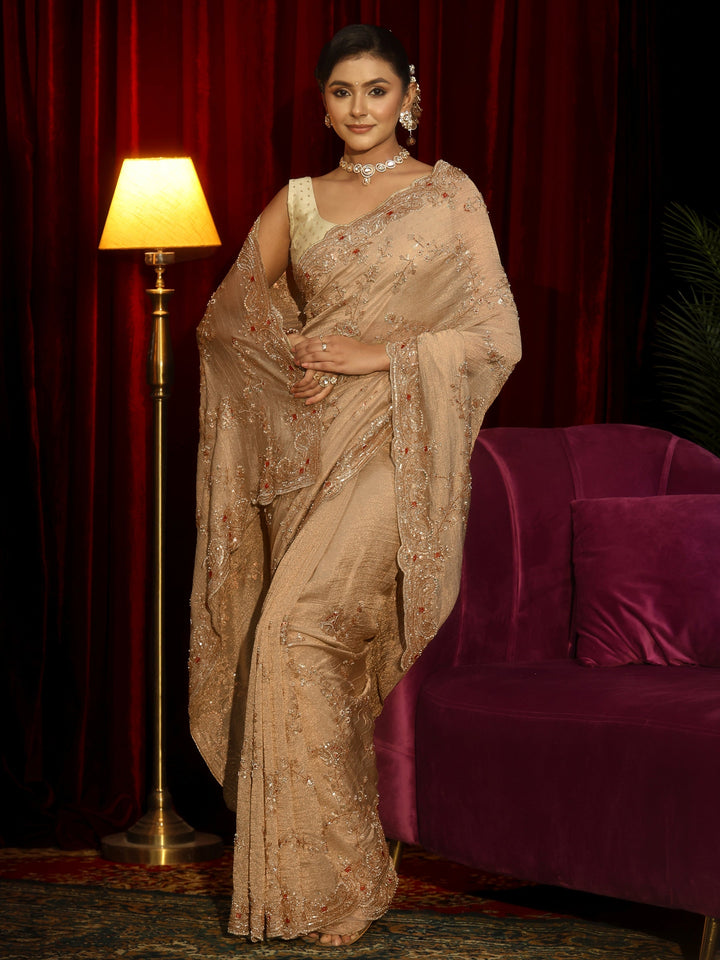 Libas Art Beige Floral Embellished Tissue Saree