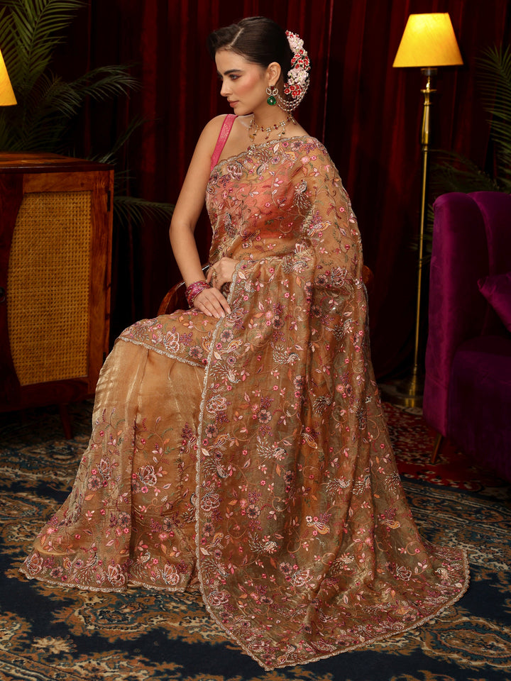 Libas Art Beige Floral Embellished Tissue Saree