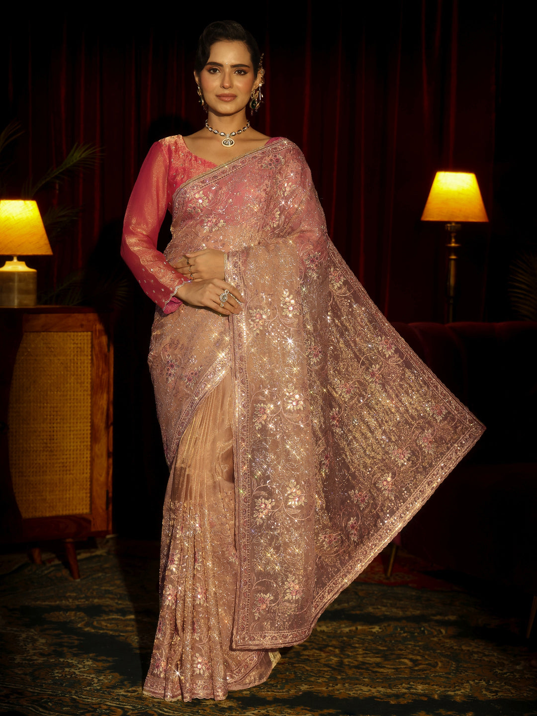 Libas Art Beige Floral Embellished Tissue Saree