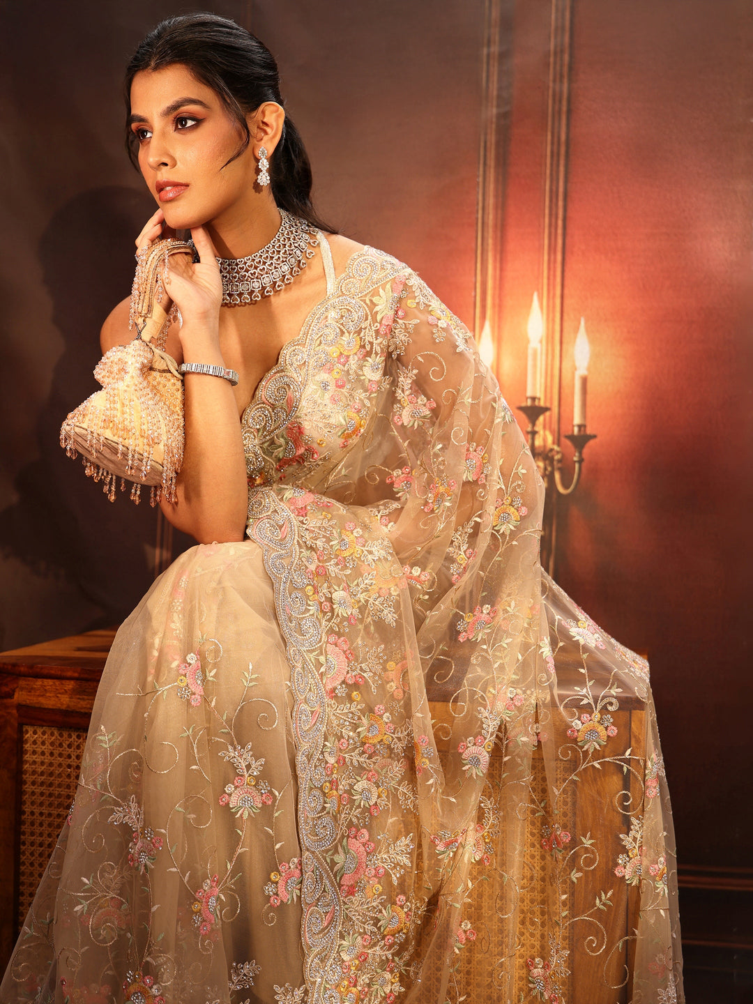 Libas Art Beige Floral Embroidered Net Saree