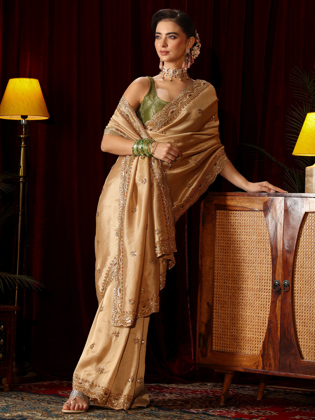 Libas Art Beige Floral Sequin Embellished Silk Blend Saree