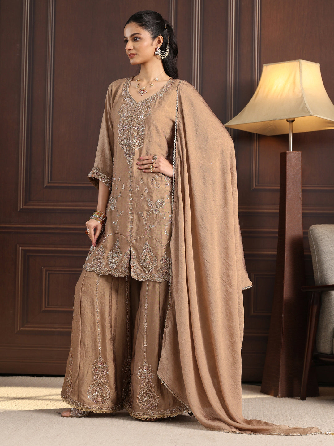 Libas Art Beige Floral Sequin Embellished Silk Blend Sharara Suit Set