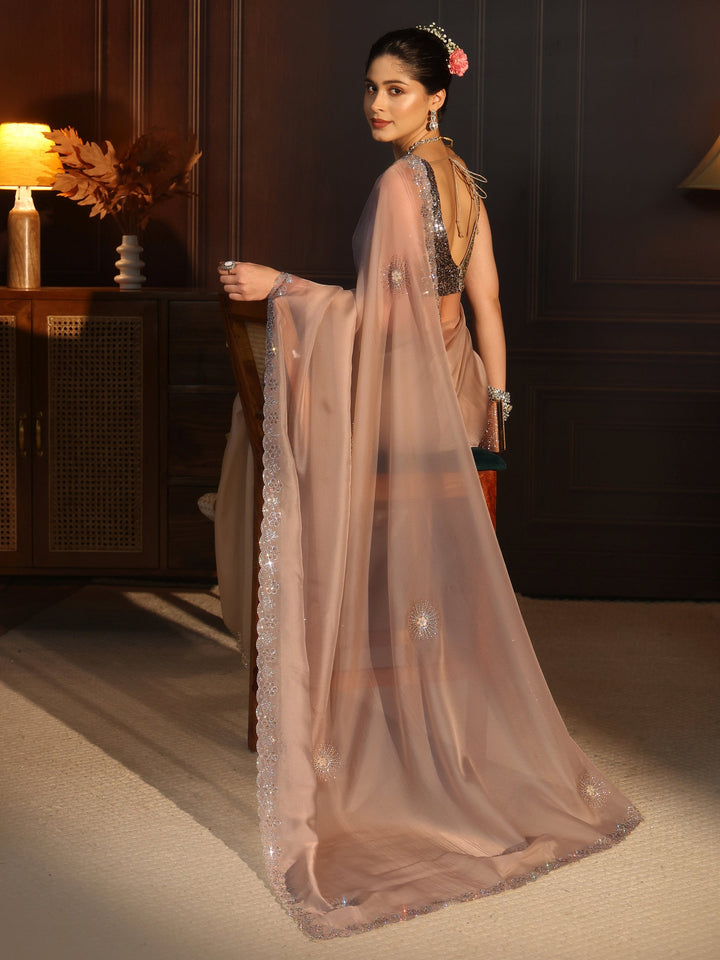 Libas Art Beige Floral Stone Work Embellished Tissue Saree