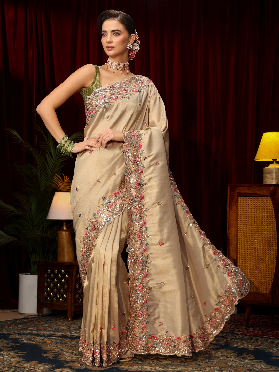 Libas Art Beige Sequin Silk Blend Saree with Floral Embroidered Border