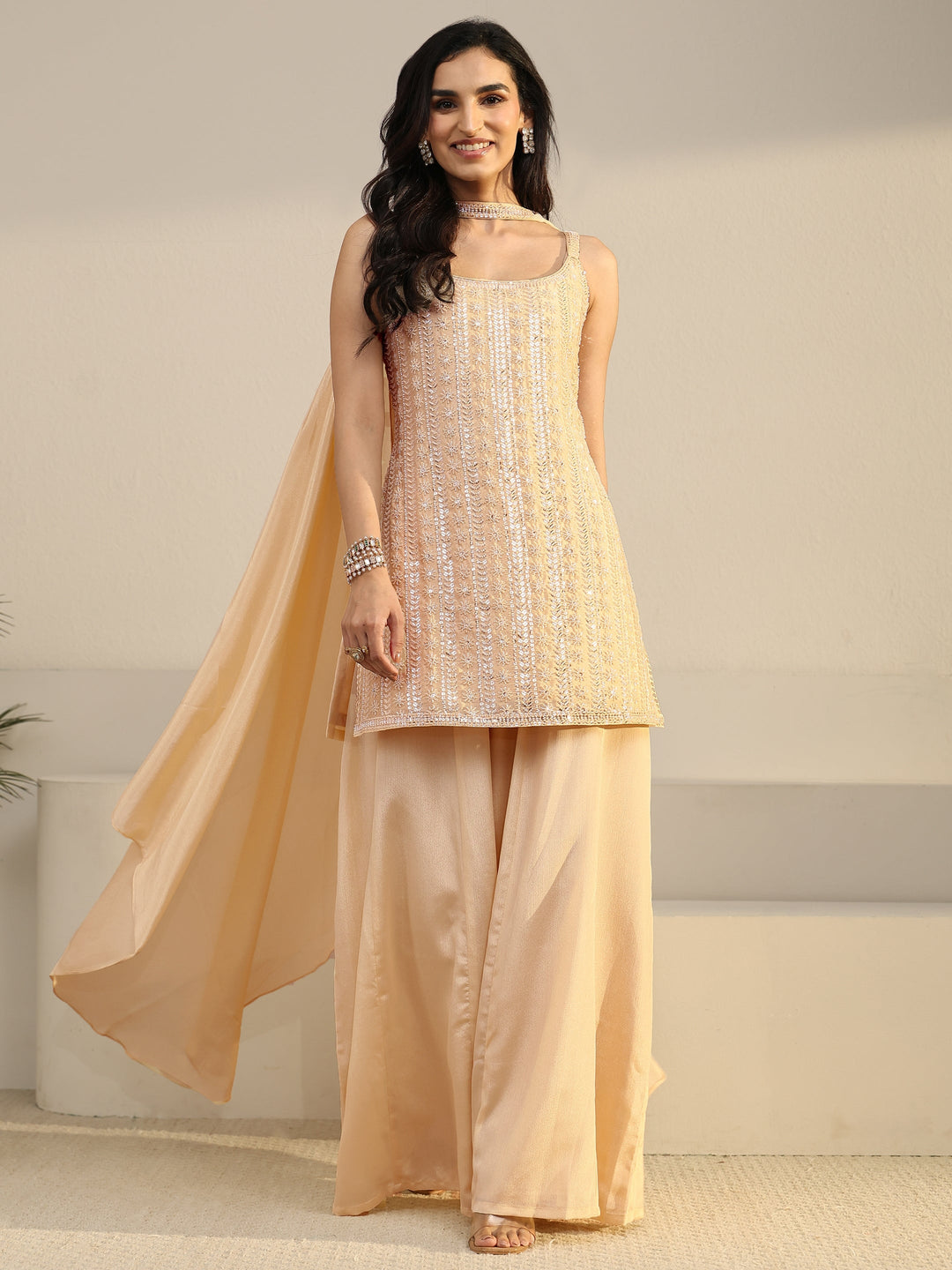 Libas Art Beige Strappy Embellished Chinon Palazzo Suit Set