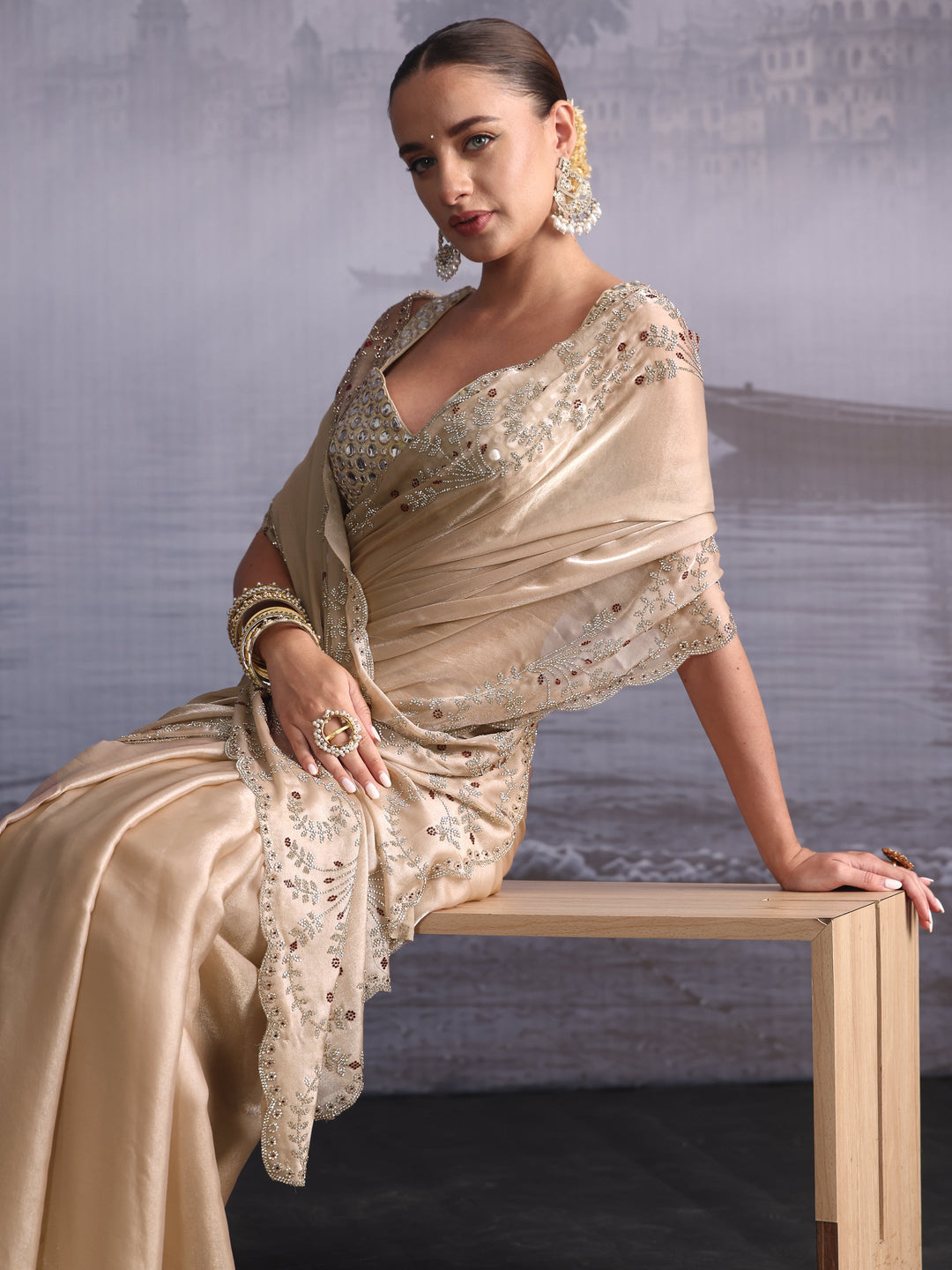 Libas Art Beige Tissue Saree with Embellished Scalloped Border