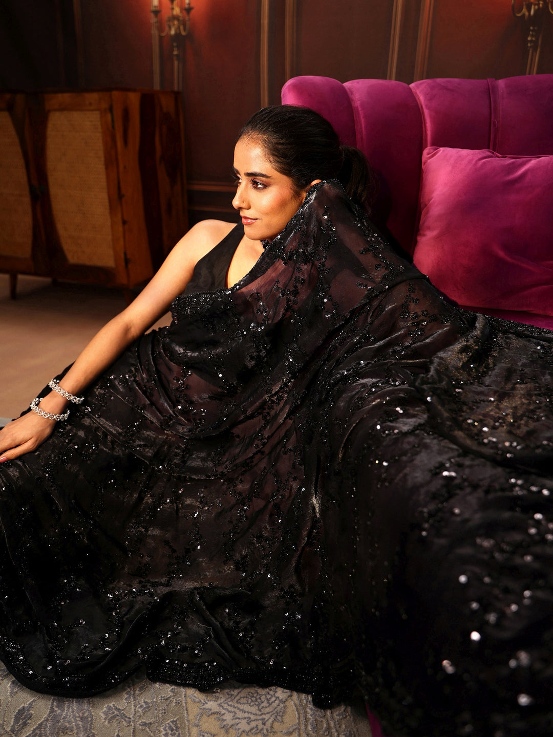 Libas Art Black Embellished Tissue Saree