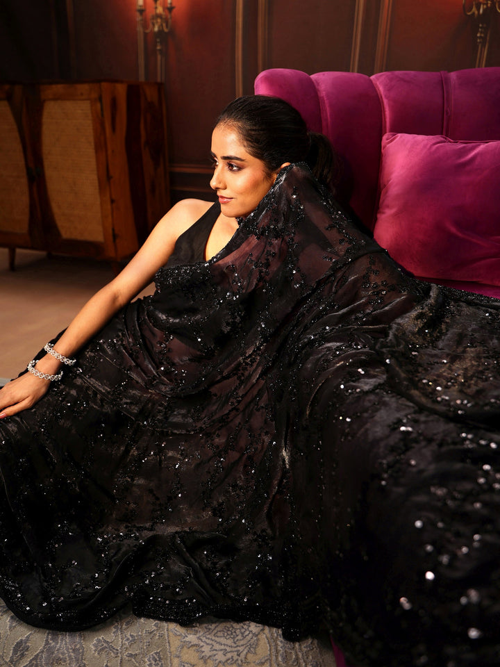 Libas Art Black Embellished Tissue Saree