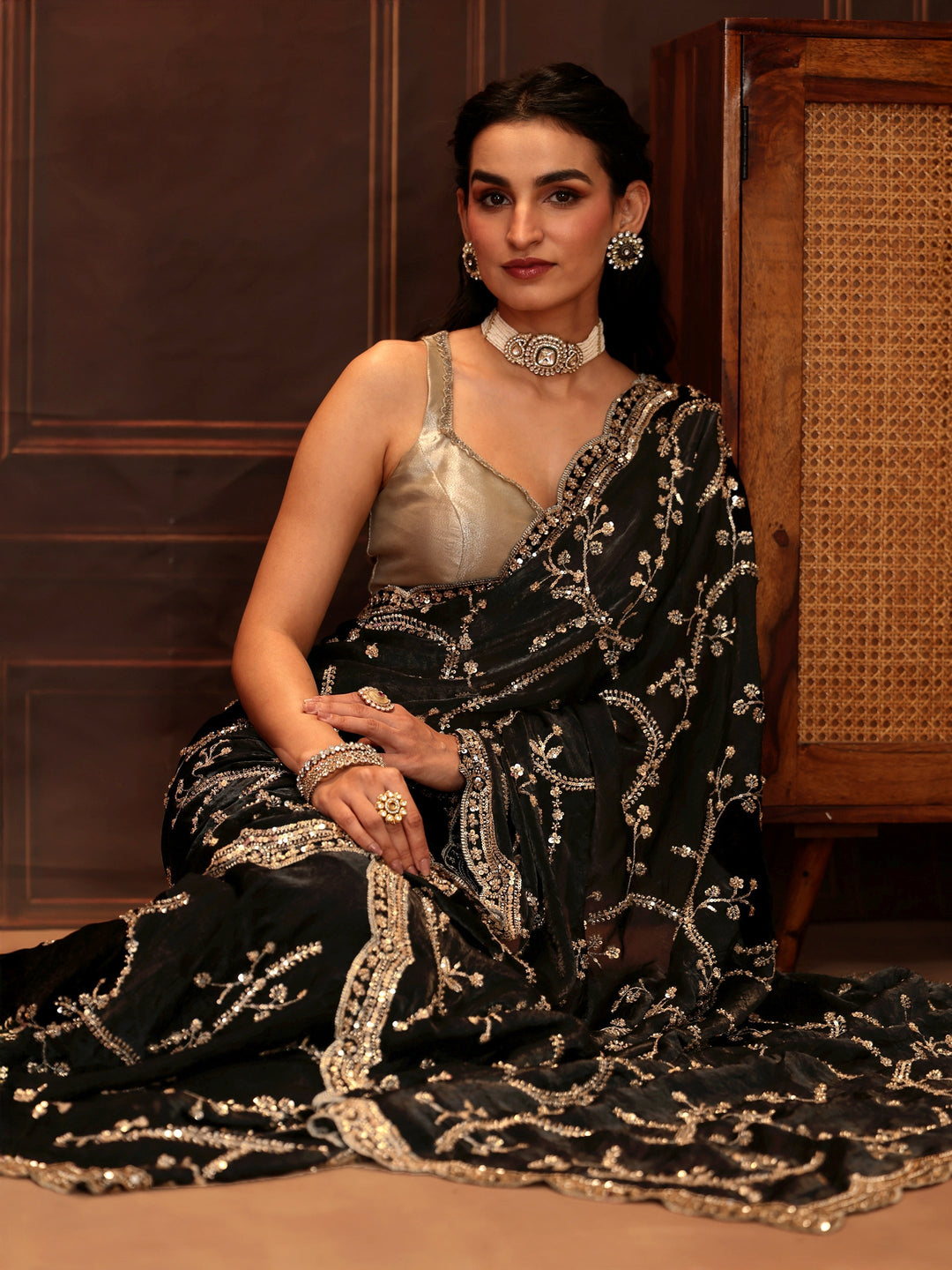Libas Art Black Embellished Tissue Saree