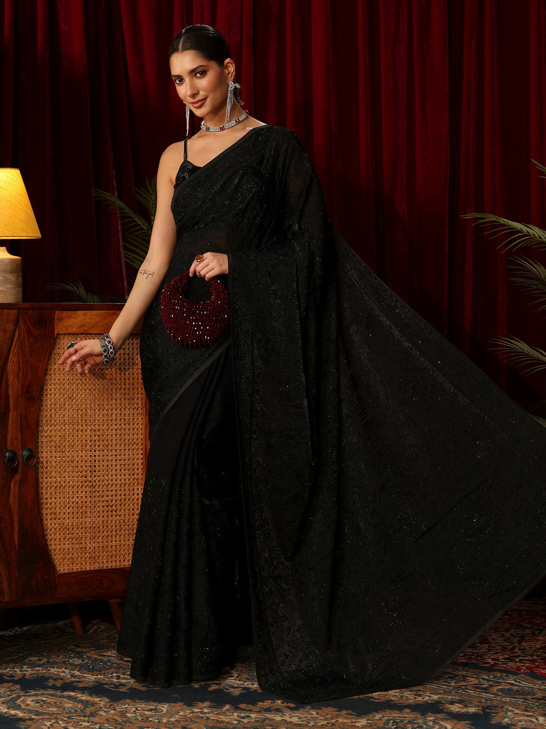 Libas Art Black Embroidered Tissue Saree with Stone Work