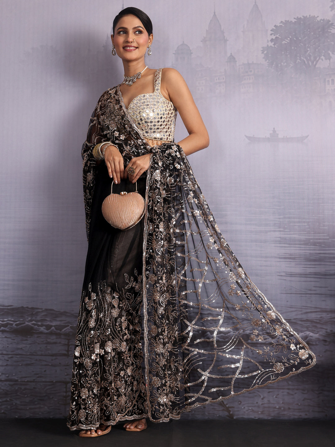 Libas Art Black Floral Beads and Sequin Embellished Net Saree