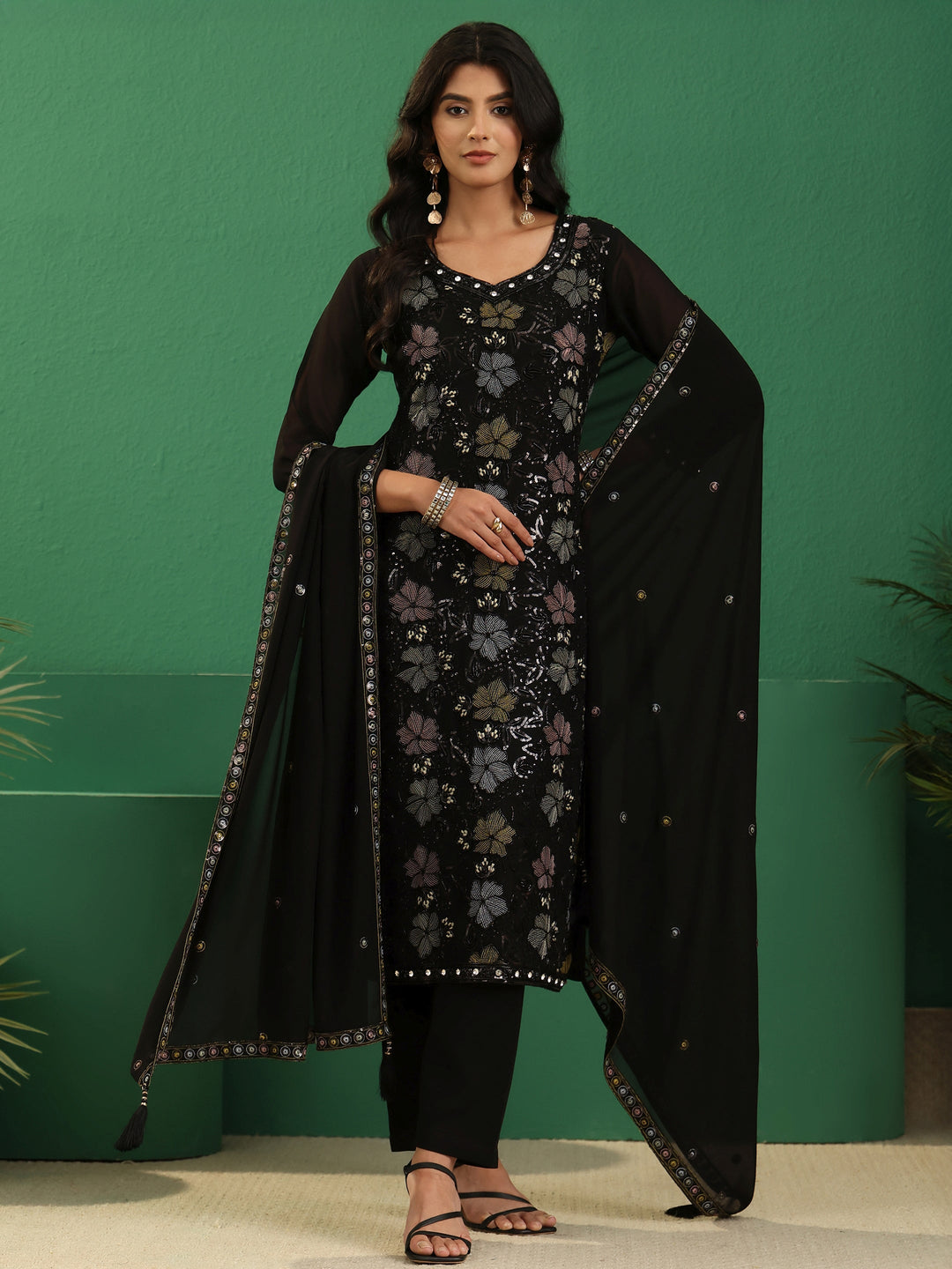 Libas Art Black Floral Embellished Georgette Straight Suit Set