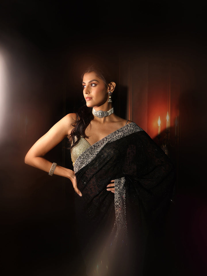 Libas Art Black Floral Embroidered Georgette Saree