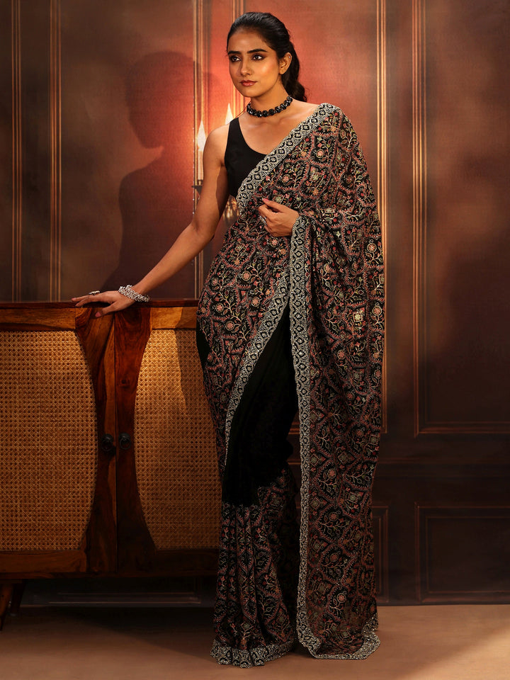Libas Art Black Floral Embroidered Georgette Saree