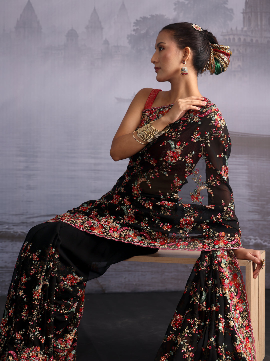 Libas Art Black Floral Embroidered Georgette Saree with Stone Work