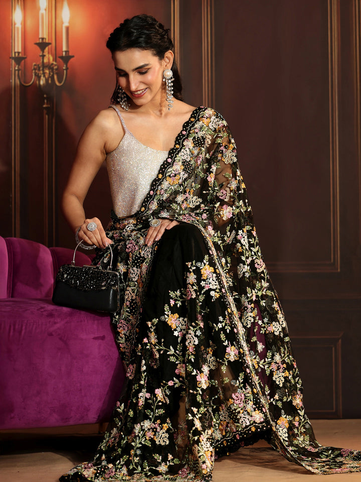 Libas Art Black Floral Embroidered Net Saree