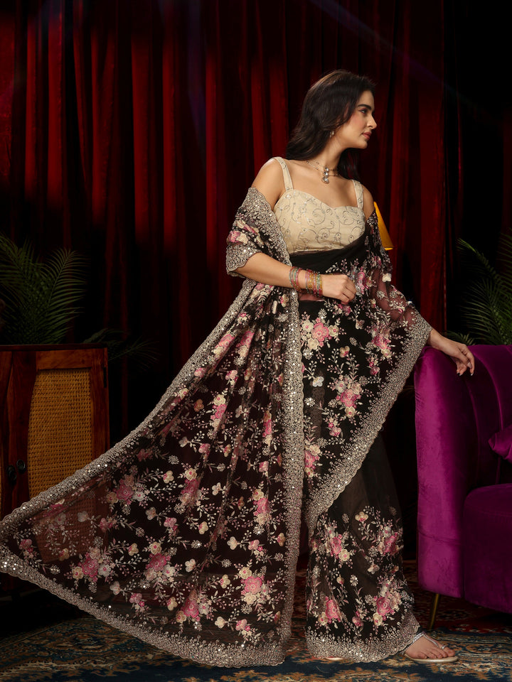 Libas Art Black Floral Embroidered Net Saree with Mirror Work Border