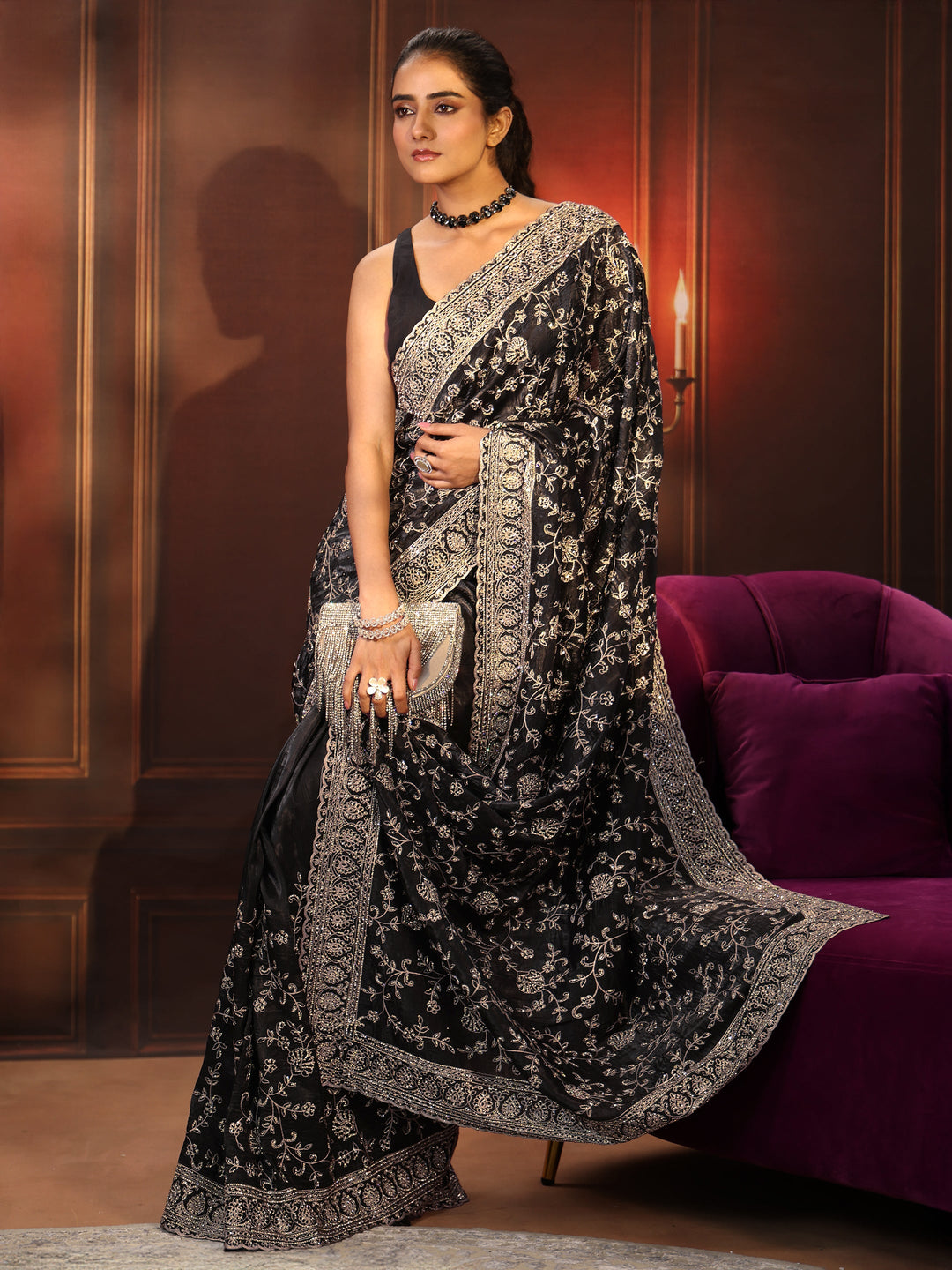 Libas Art Black Floral Embroidered Satin Saree