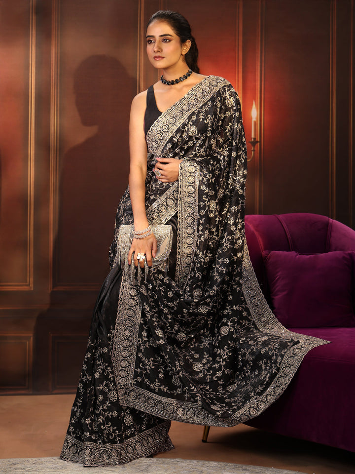 Libas Art Black Floral Embroidered Satin Saree