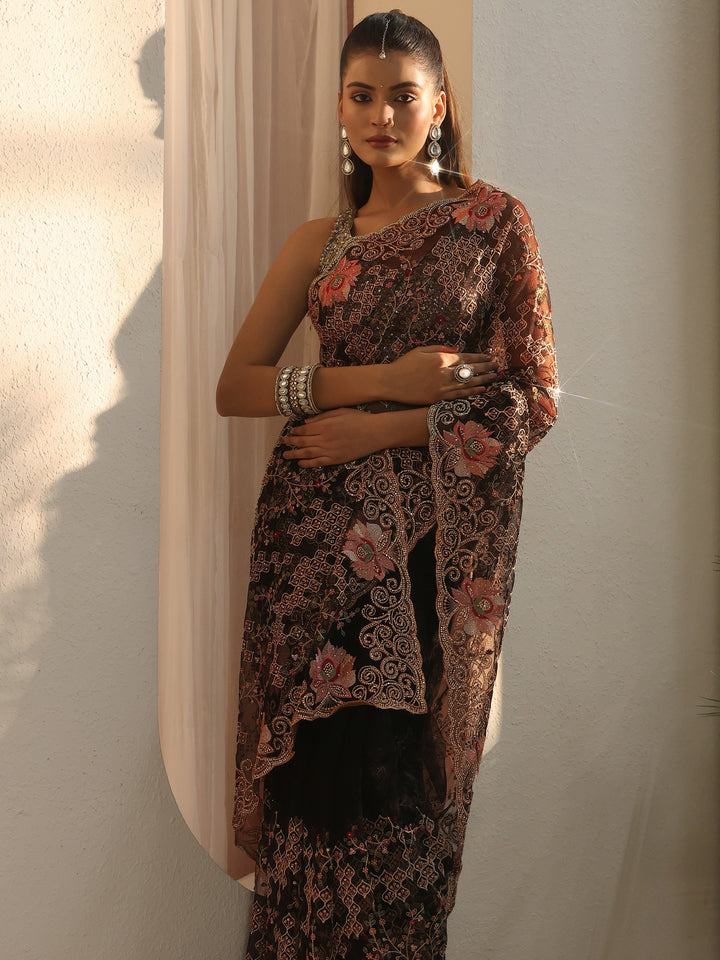 Libas Art Black Floral Embroidered Stone Work Net Saree