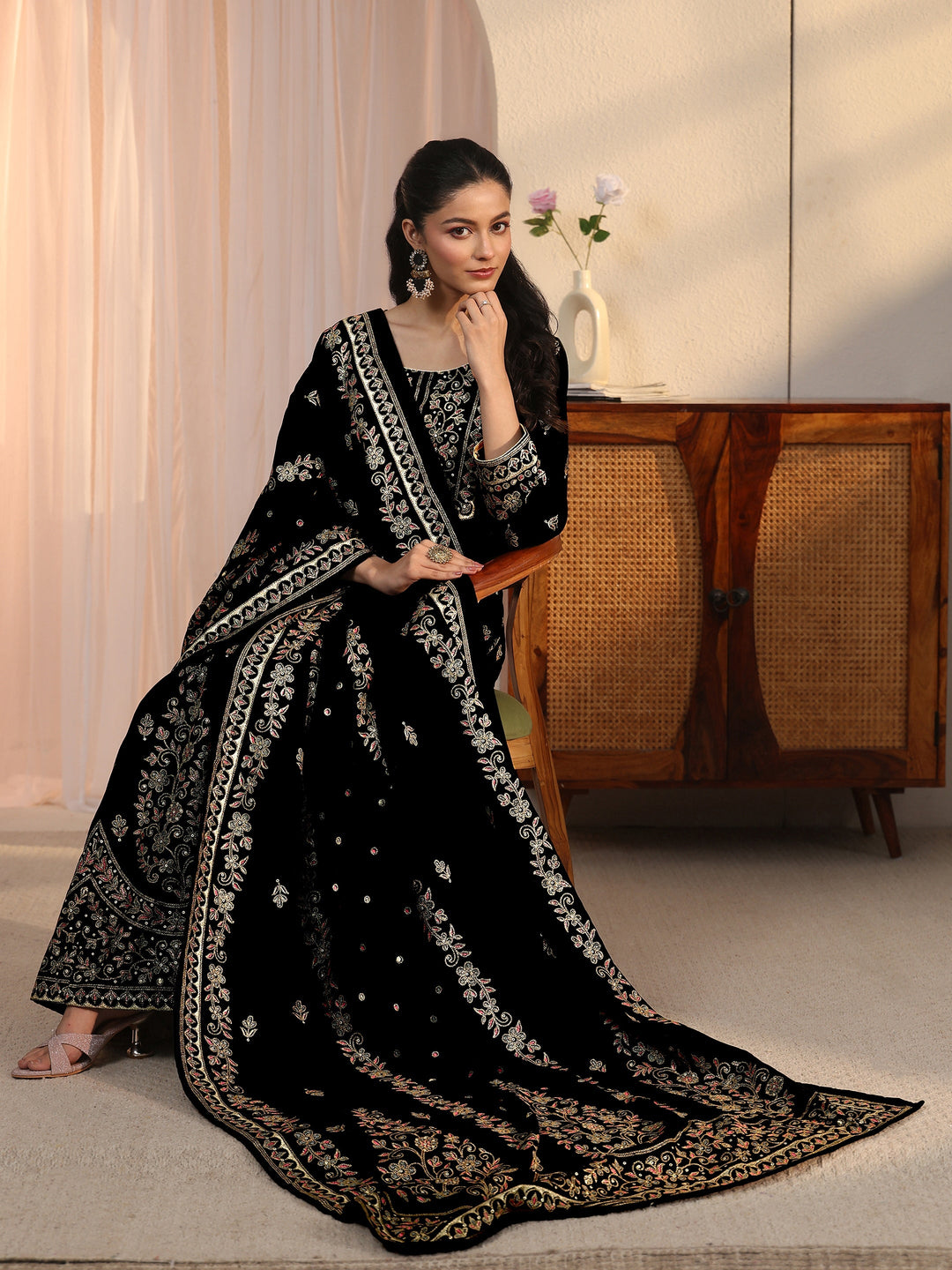 Libas Art Black Floral Embroidered Velvet Anarkali Suit Set