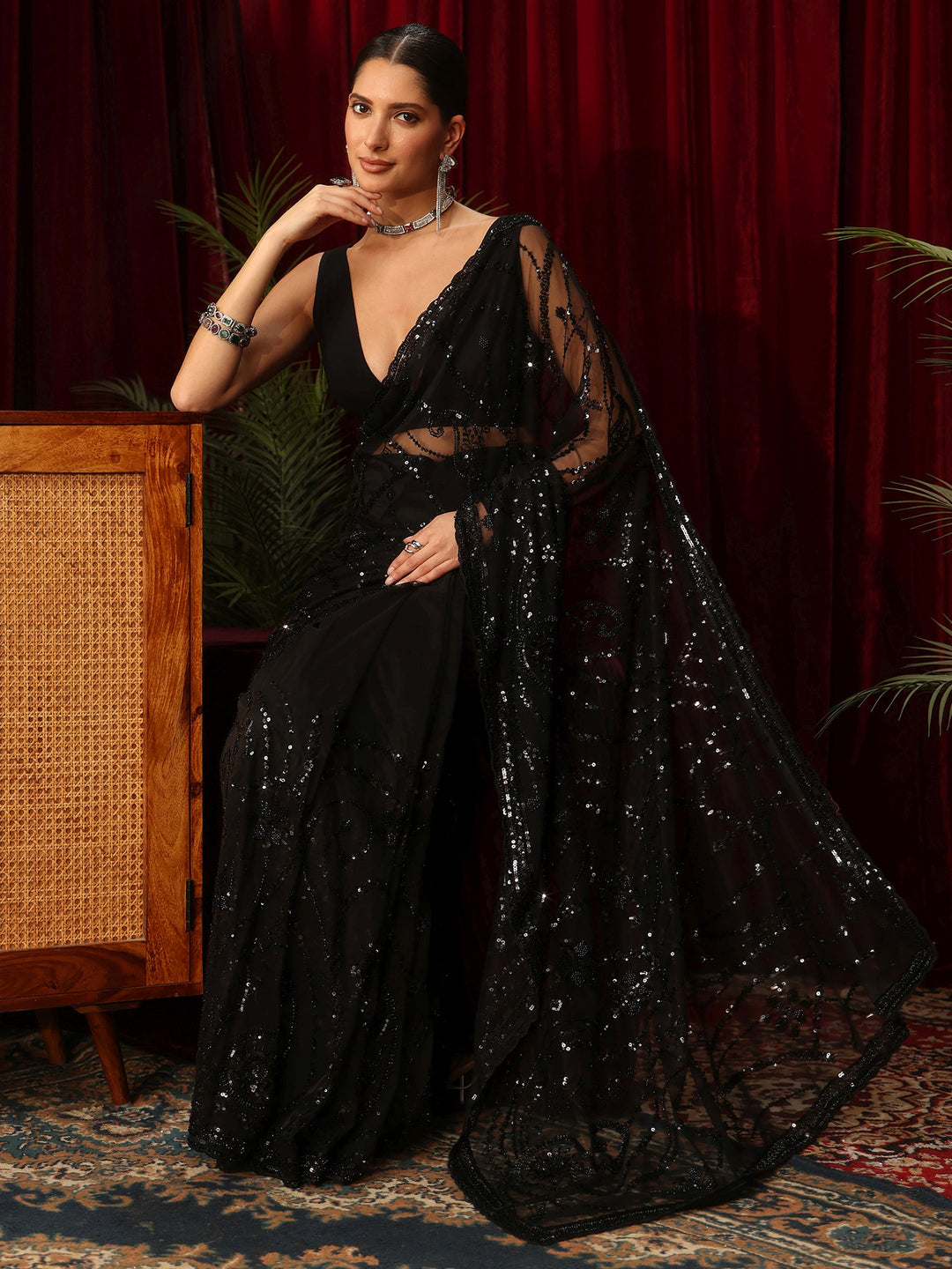 Libas Art Black Sequin Embellished Net Saree