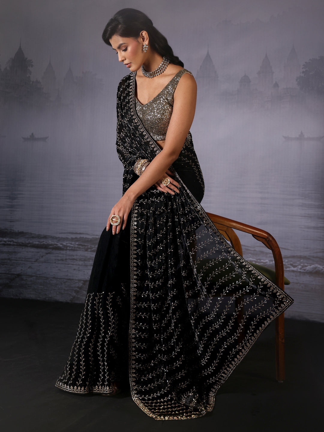 Libas Art Black Stone Work Embellished Tissue Saree
