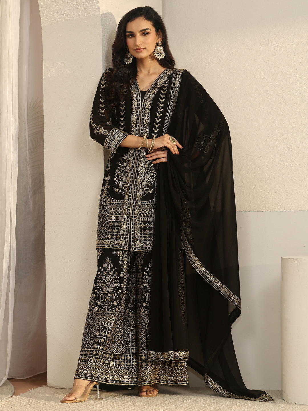 Libas Art Black Zari Embroidered Georgette Palazzo Suit Set