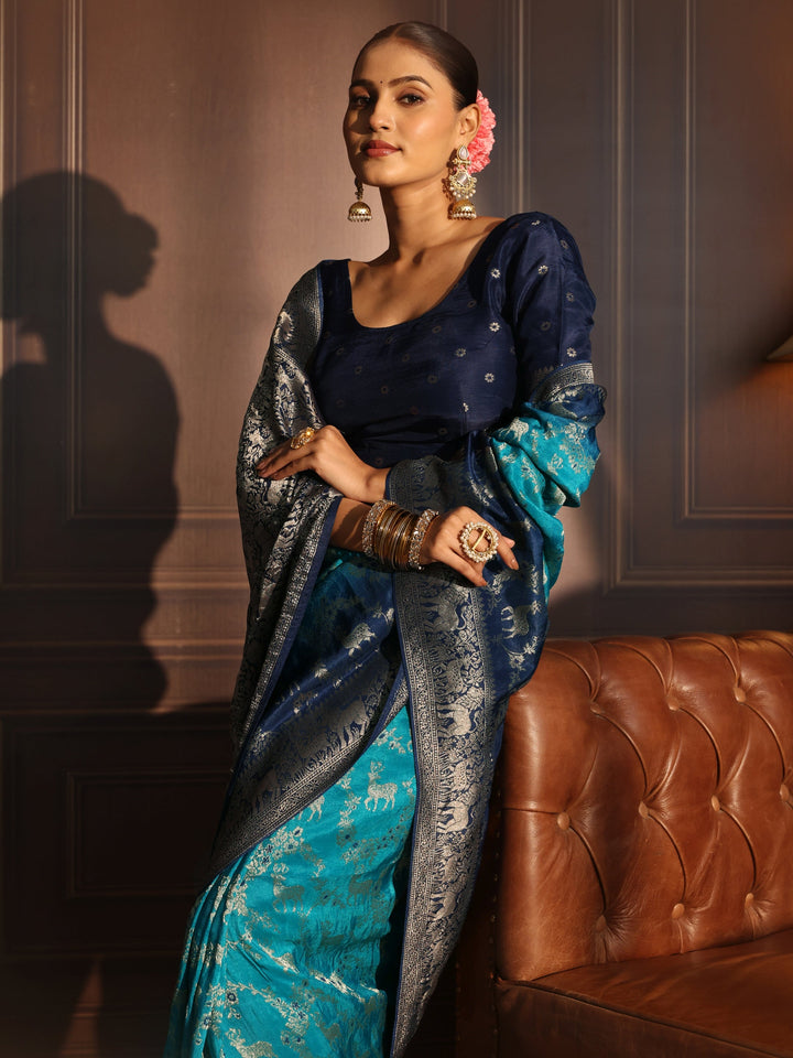 Libas Art Blue Animal Motifs Woven Design Silk Blend Ombre Saree